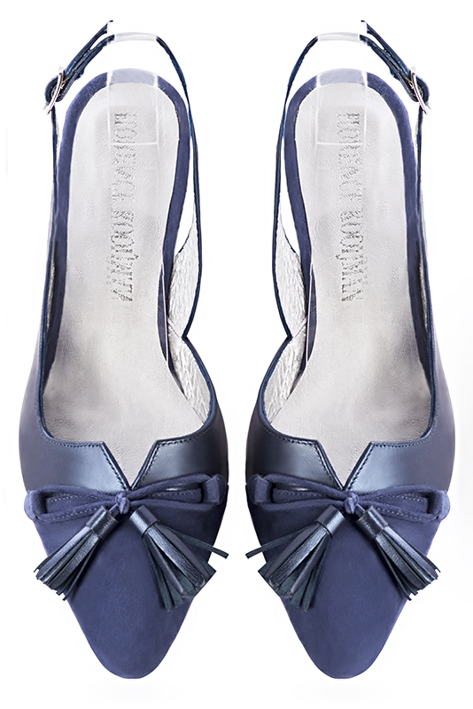 Prussian blue women's open back shoes, with a knot. Tapered toe. Low flare heels. Top view - Florence KOOIJMAN